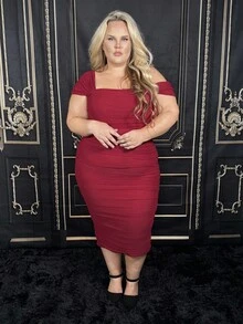 Hourglow Dollyholly86 Plus Size Off Shoulder Long Dress, Spring Summer Beach Outfit,Birthday Dresses For Women, For Hourglass Body Shape - Burgundy - View 3