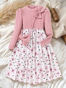 SHEIN 少女立领长袖罗纹蝴蝶印花连衣裙 - 淺粉色 - 查看 3