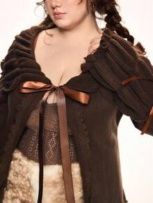 ROMWE Kawaii 大码复古荷叶边棕色开衫毛衣，大码女式翻领蝴蝶结针织套头衫，适合秋冬季穿着 - 棕色 - 查看 2