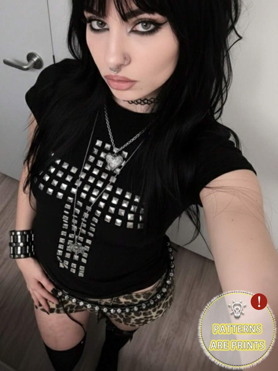 SHEIN 哥特朋克摇滚嘻哈女式短袖T恤，性感显瘦，时尚休闲基础款露脐上衣，Y2K 复古少女装 - 黑色 - 查看 1