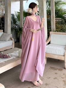 DAZY 女士V领纯色休闲衬衫吊带裙两件套，中长款连衣裙 - 藕粉色 - 查看 1