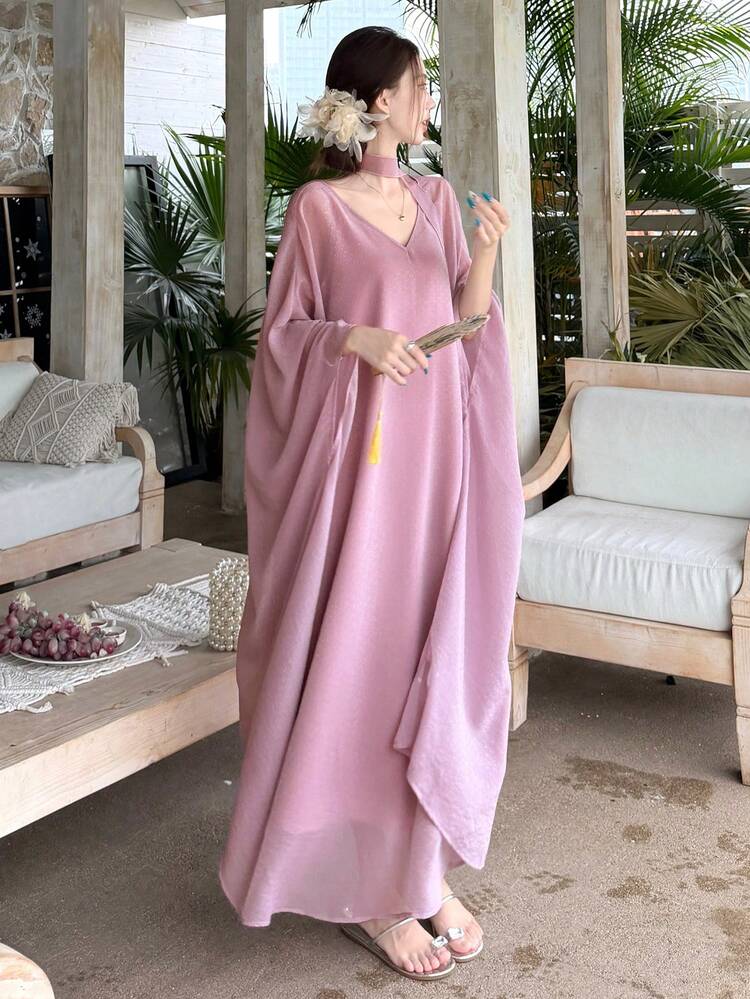 Women's V-Neck Solid Color Casual Shirt & Slip Dress 2-Piece Set, Mid-Length Dress Sundress