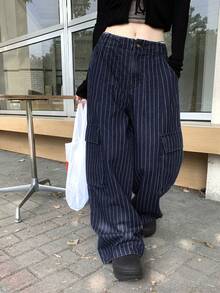 DAZY Quần jeans nữ ống rộng dáng thể thao Hàn Quốc kẻ sọc, túi hộp, phong cách đường phố. - Màu xanh lam - Xem 2