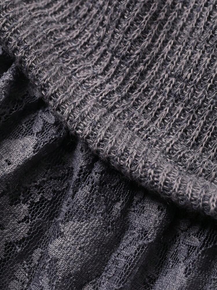 Women's Lace Patchwork Oblique Shoulder Long Sleeve T-Shirt, Korean Style, Spring/Summer Off The Shoulder