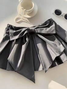 SHEIN EZwear Falda gris plisada con decoración de lazo de unicolor simple, casual para vacaciones - Gris - Ver 5