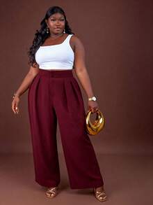 CurvyTilda Trang phục công sở cỡ lớn cho phụ nữ, Quần ống đứng cạp cao màu đen thường ngày, tối giản và hợp thời trang để mặc hàng ngày, Quần áo xuân hè Quần cạp cao Quần rộng cho mùa thu/đông - Màu Đỏ Sâu - Xem 5