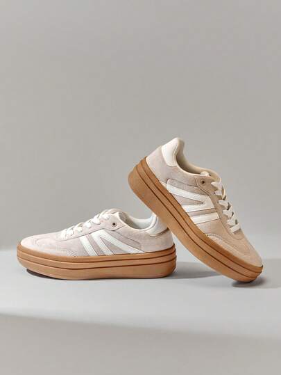 Solezae Women's Retro Trio Platform Suede Sneakers In Beige & White – Bold Retro Aesthetic, Y2K Fit, Favorite Look For Christmas