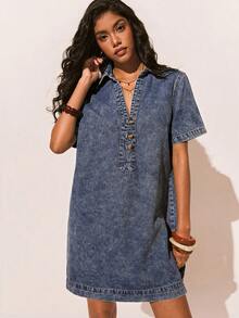 Poéselle Women's Denim Dress, Casual Washed Denim Short-Sleeved Dress, Loose Over-The-Knee Dress, Pullover Half-Front Dress, Blue Dress, Casual Vacation Summer Outfit, Spring Break Outfit, Women's Vacation Outfit, Vacation Dress, Women's Casual Dress. - Medium Wash - View 5