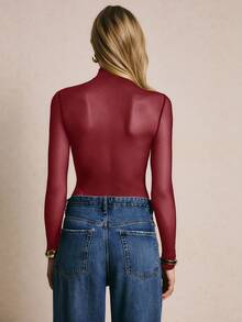 Poéselle Women's Fashionable Sexy Sheer Wrap Long Sleeve Bodysuit, Autumn