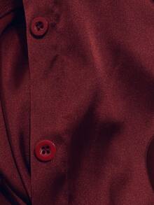Balvessa 女士翻领单排扣缎面时尚百搭度假旅行短袖衬衫 - 酒紅色 - 查看 5