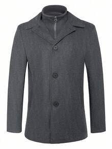 Manfinity Mode 男士纯色长袖休闲羊毛混纺夹克，双排扣设计，秋冬季 - 深灰色 - 查看 3