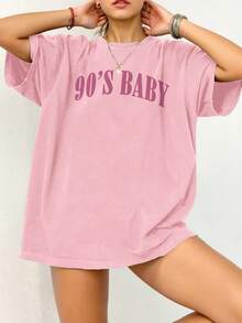 EMERY ROSE Plus Size Women Letter Print Round Neck Short Sleeve Casual Versatile T-Shirt - Pink - View 1