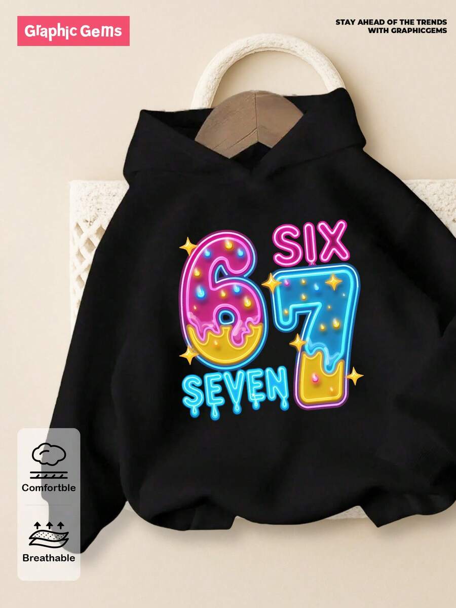 青少年女孩黑色秋季街頭風運動衫,開學假期時尚數字67粉色五角星字母標語圖案印花舒適時尚運動衫 - 黑色 - 查看 1
