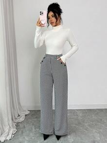 Elenzga 女士纽扣设计千鸟格阔腿宽松优雅裤 - 彩色 - 查看 3