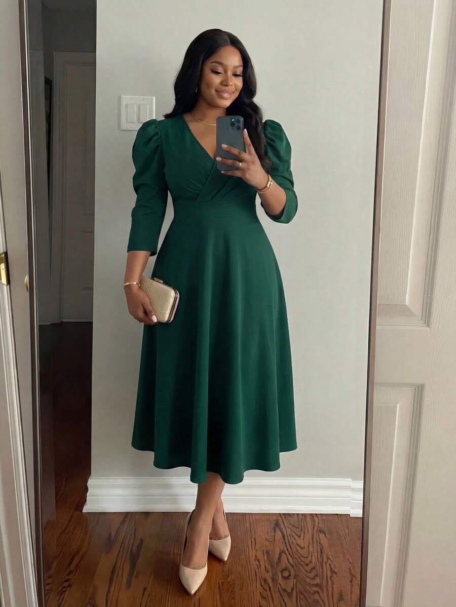 SHEIN Lady CURVE Elegant Party Commuting Wedding Christmas Cocktail Party Valentine's Day Concert/Music Festival Green Knitted Overlap Collar Flared Leg-Of-Mutton Sleeve Midi Three Quarter Length Sleeve Plus Size Green Dresses Spring Outfit Women Casual Dresses For Women - Dark Green - View 1