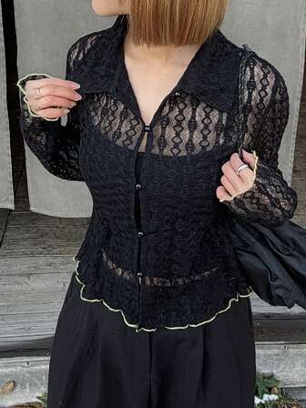 FRIFUL Women's Lace Trim Collared Open Front Solid Color Sheer Blouse