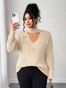 Elenzga Plus Size Women Elegant Solid Color Round Neck Collar Crochet Dropped Shoulder Sweater, Long Sleeve Knit Pullover, Autumn/Winter - Apricot - View 4