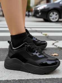 Tenis mujer plataforma chunky diseño urbano moda casual juvenil estilo street suela gruesa cómoda ligera outfit diario calzado femenino versátil diseño moderno plataforma alta look actual fashion sneakers urbanos dama - Negro - Ver 2