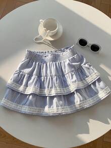 Comfortcana Chân váy xòe kẻ sọc dáng rộng, đa năng, thích hợp mặc hàng ngày, dành cho nữ cỡ lớn. - Xanh và trắng - Xem 4