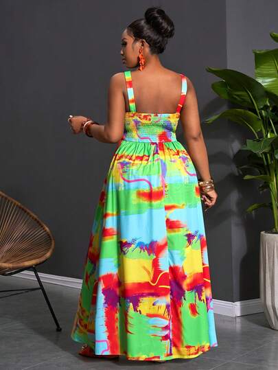 Slaydiva Plus Size Women's Color Block High Saturation Pattern Spaghetti Strap Waist Loose A-Line Maxi Dress, Suitable For Women's Summer Clothing/Christmas/New Year Outfit/Women's Thanksgiving Outfit/Beach/Women's Elegant Outfit/Women's Social Top/Commute Outfit/Daily Wear/Business Outfit/Airport Outfit/Party/Graduation Ceremony Outfit