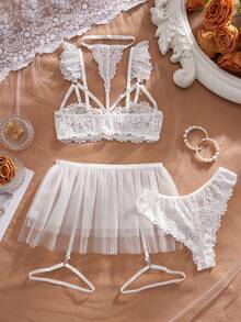 SHEIN 5pcs/Set White Lace Hollow Cap Sleeve Bralette Halter Collar + Mesh Tulle Puff Skirt + White Lace Thong Panty + Garter Belt + Leg Garter, Sexy Girly Style - White - View 2