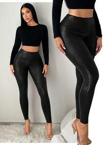 SHEIN SXY 黑色动物纹高腰紧身裤 - 黑色 - 查看 9