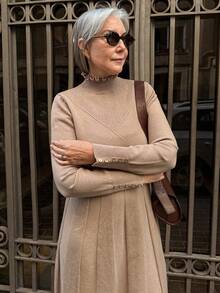 Vivie Lora Women Loose A-Line Long Sleeve Sweater Dress - Khaki - View 4
