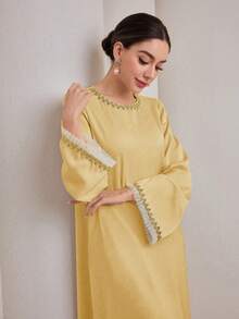 Graceveil Vestido de estilo árabe con volantes y ribete para mujer, adecuado para primavera y otoño de manera modesta - Amarillo - Ver 1