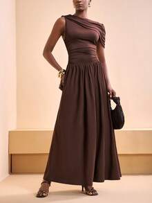 Zivah Women's Dark Brown Summer Elegant One-Shoulder Ruched Top A-Line Long Dress,Bohemian Wedding Guest Party Night Vacation Beach Spring & Summer Dress - Mocha Brown - View 2