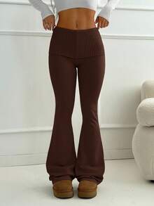 SHEIN PETITE 杏色紧身喇叭裤，简约通勤、居家、休闲装，年轻女士针织裤，喇叭裤，瑜伽裤，喇叭打底裤，喇叭运动裤，喇叭裤腿，秋冬女装 - 咖啡棕 - 查看 5
