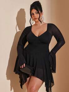 SHEIN BAE Đầm dài tay xuyên thấu dáng suông bất đối xứng, cỡ lớn, thích hợp cho mùa xuân/hè, thanh lịch, thích hợp cho các buổi hẹn hò và đi chơi. - màu đen - Xem 4