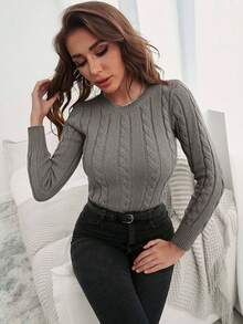 EURMUSE Solid Cable Knit Sweater - Grey - View 5