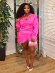 Hourglow Ceceforeign_ Women's Plus Size Wrapped Knot Design Dress, For Hourglass Body Shape - Hot Pink - View 3