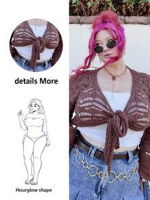 Hourglow Cárdigan de ganchillo con apertura y nudo delantero, de talla grande, para la playa y el verano, para el colegio y el invierno - Café integral - Ver 2