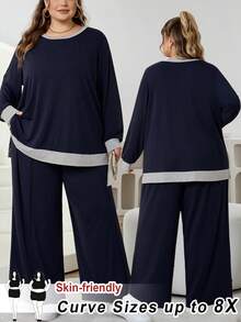 SHEIN CURVE+ 大码女式休闲蓝色撞色连帽衫和运动裤套装，带口袋，秋冬/2026/新年款 - 藏蓝色 - 查看 1