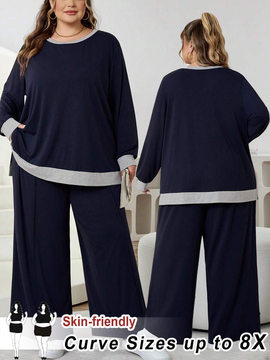 SHEIN CURVE+ 大码女式休闲蓝色撞色连帽衫和运动裤套装，带口袋，秋冬/2026/新年款 - 藏蓝色 - 查看 1