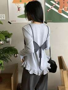 DAZY Bộ đồ nữ gồm áo thun dài tay cổ tròn và áo hai dây phối màu tương phản, kiểu dáng thường ngày. - Xám - Xem 8