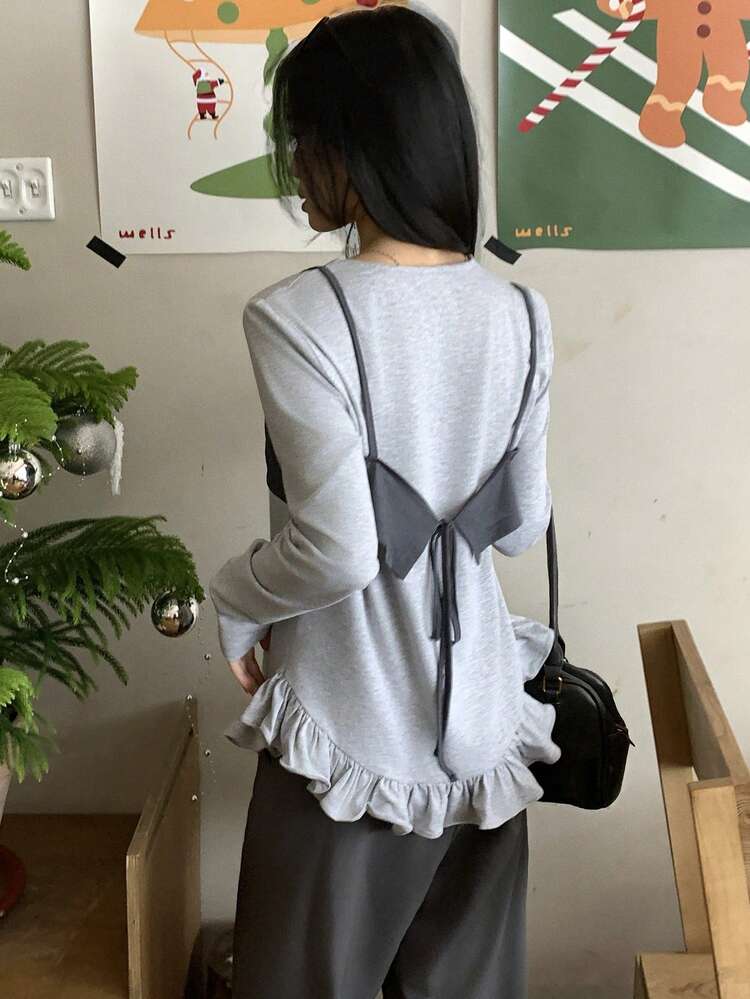 Women's Casual Round Neck Long Sleeve T-Shirt With Contrast Color Camisole Top, 2-Piece Set