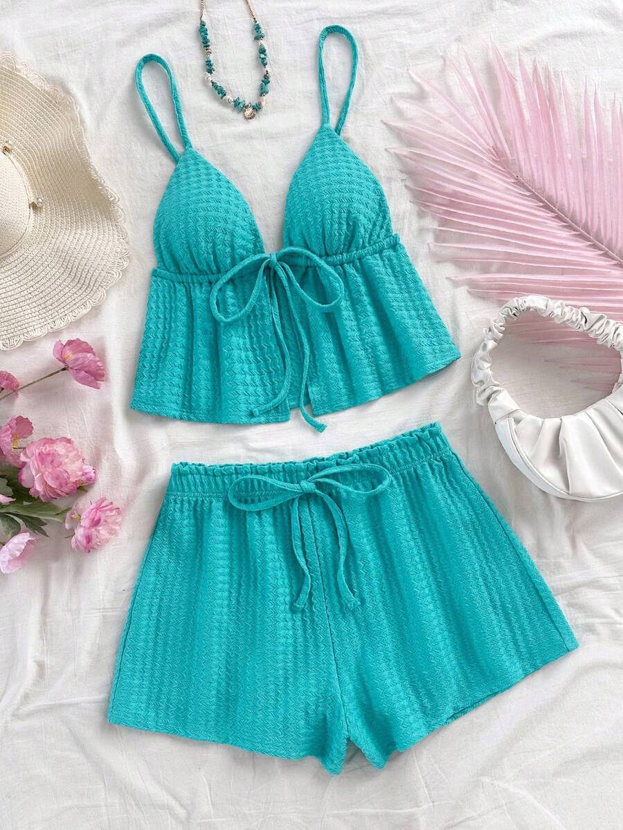 Soleia New Women's Adjustable Green Knit Textured Top + Frill Trim Shorts, Suitable For Afternoon Tea, Casual Street, Vacation, Party, Music Festival, Easter, Vacation Style, Casual Style, Bohemian Style, Western Style, Music Festival, Country Style, Brunch, Beach, Airport Outfit, Loose, Graduation Season, Women's 2-Piece Set, Wedding Attire,Carnival - Mint Green - View 1