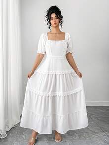 Elenzga Damklänning med kort ärm och rundad halsringning, söt och elegant - Vitt - Visa 3