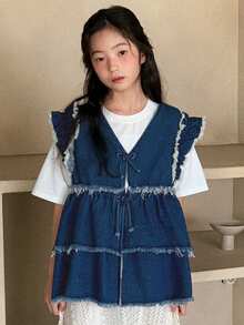 DAZY Girls' Sleeveless Denim Jacket With Bow Decor, Fall Clothes