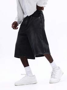 SUMWON Quần short Bermuda dáng rộng, ống loe, dài đến đầu gối, chất liệu denim mài bạc màu, kiểu dáng mùa hè thoải mái, rộng rãi. - Xám - Xem 4