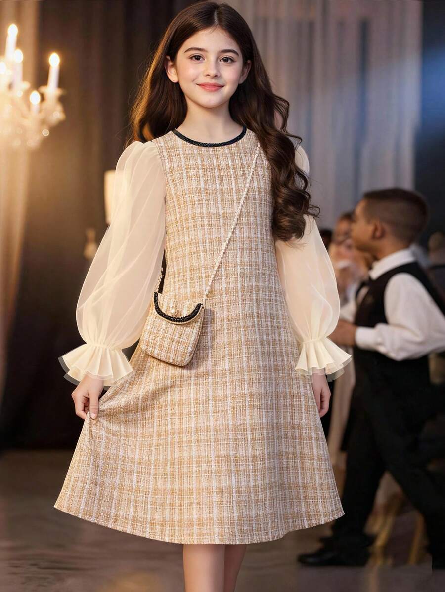 SHEIN 青少年女孩網眼拼接方格紋泡泡袖連衣裙,適用於較大的兒童