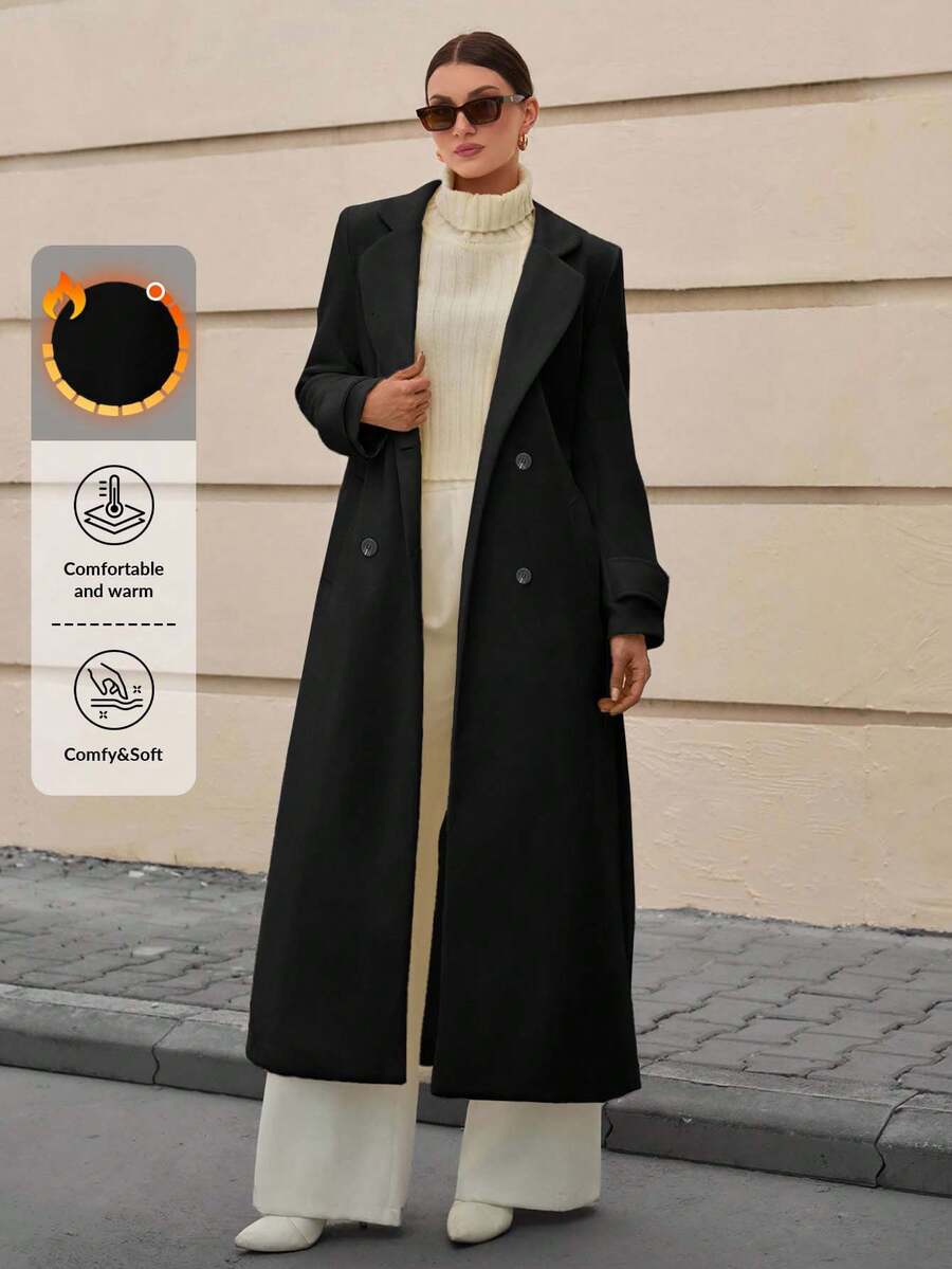 EURMUSE Lapel Collar Double-Breasted Belt Extra Long Overcoat - Black - View 1