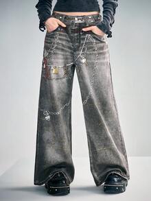ROMWE Grunge Punk Y2K Vintage Chain Print Loose Wide Leg Jeans For Women - Black - View 4