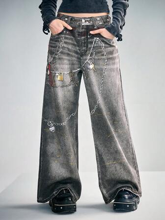 Grunge Punk Jeans ampi e larghi con stampa a catena in stile vintage Y2K per donne