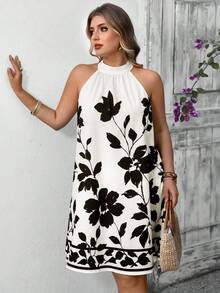 EMERY ROSE Elegant Summer Dress With Large-Sized Woven Prints Knee Length Summer Dresses Halter Neck Dress For Woman Black And White Floral Dress Summer Elegant Dress Women Floral Dress Flower Print Dress - White - View 3