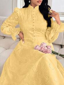 Modelyn Plus Size Women French Style Mandarin Collar Embroidered Puff Sleeve Dress - Yellow - View 3