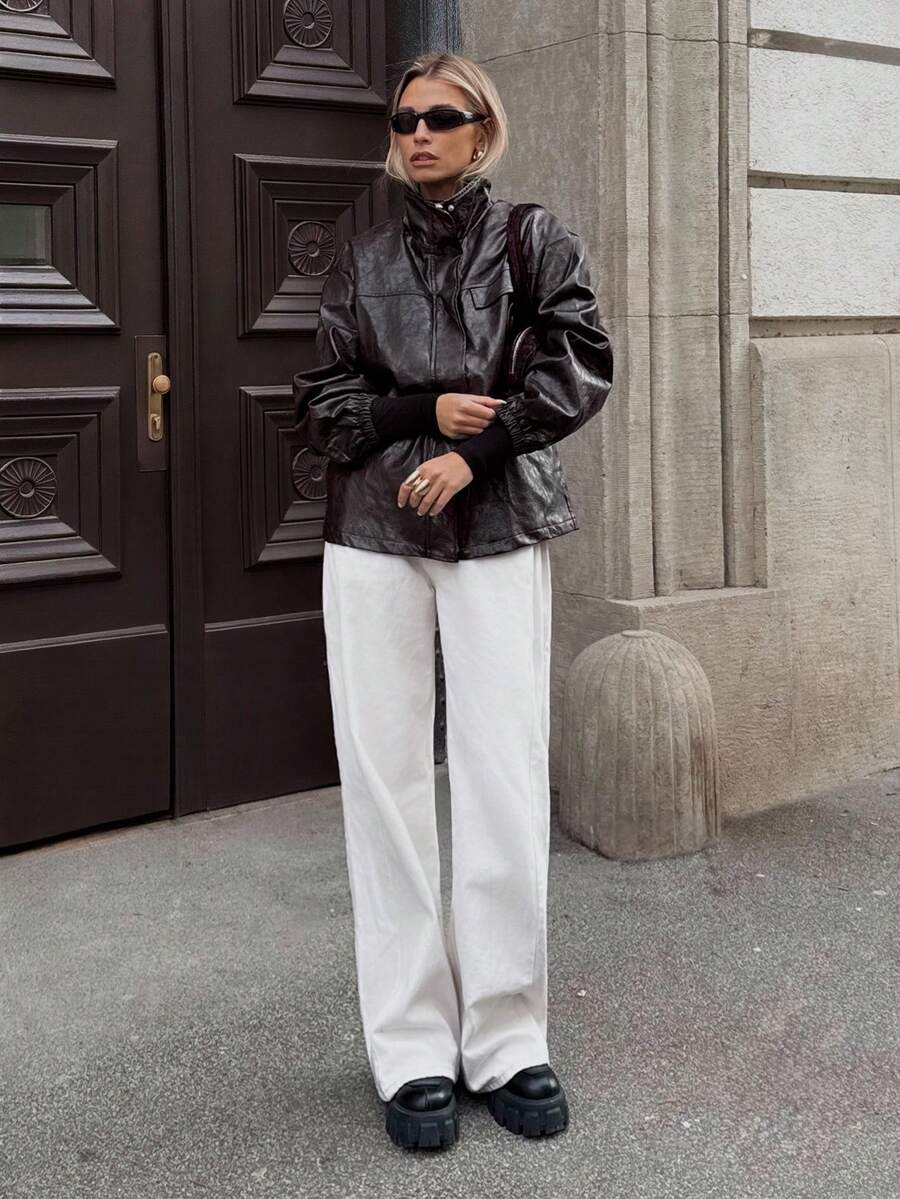 Ontre 2025秋冬女式夹克，PU皮革材质，商务休闲复古百搭款，收腰设计，宽松版型，棕色，都市简约通勤风