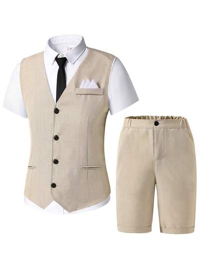 2pcs/Set Teen Boy Gentleman Outfit, Includes Slim-Fit Apricot Vest With Chest Panel Design + Apricot Textured Shorts, Elegant Formal Attire For Birthday, Wedding, Wedding Guest, Pageboy, Ring Bearer